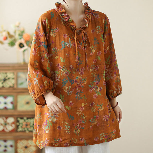 Buddha Stones Floral Leaves Lace-up Design Women's Cotton Linen Long Sleeve Shirt