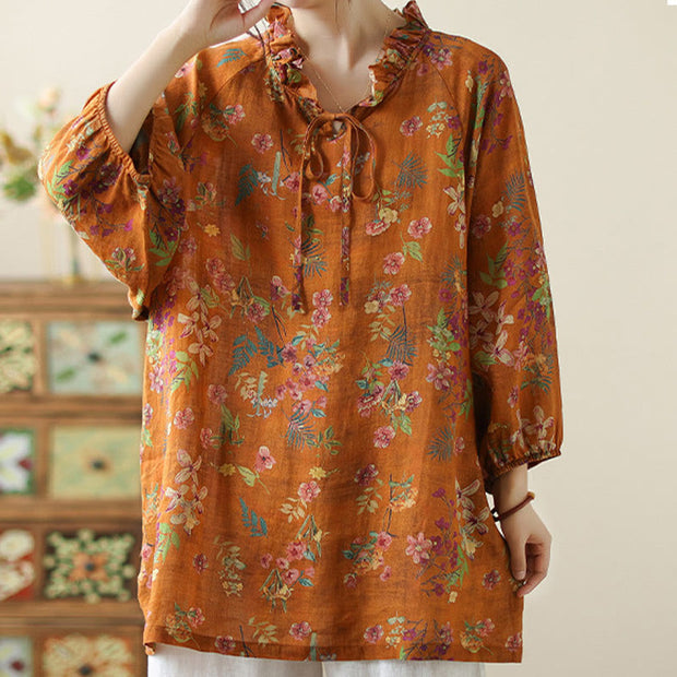 Buddha Stones Floral Leaves Lace-up Design Women's Cotton Linen Long Sleeve Shirt