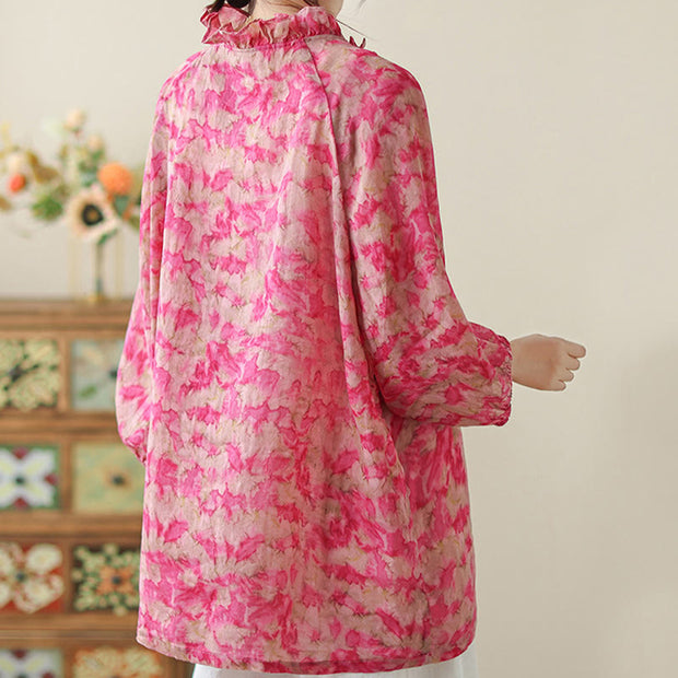 Buddha Stones Floral Leaves Lace-up Design Women's Cotton Linen Long Sleeve Shirt