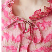 Buddha Stones Floral Leaves Lace-up Design Women's Cotton Linen Long Sleeve Shirt