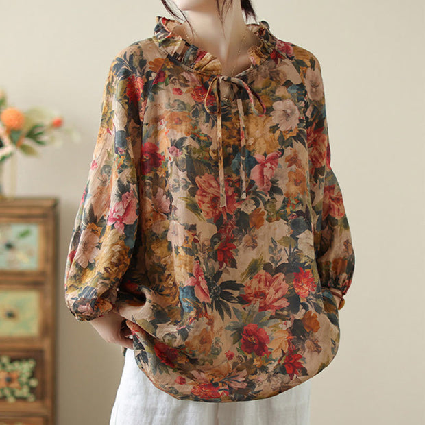 Buddha Stones Floral Leaves Lace-up Design Women's Cotton Linen Long Sleeve Shirt