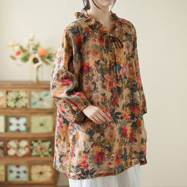 Buddha Stones Floral Leaves Lace-up Design Women's Cotton Linen Long Sleeve Shirt