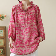 Buddha Stones Floral Leaves Lace-up Design Women's Cotton Linen Long Sleeve Shirt