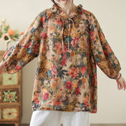 Buddha Stones Floral Leaves Lace-up Design Women's Cotton Linen Long Sleeve Shirt