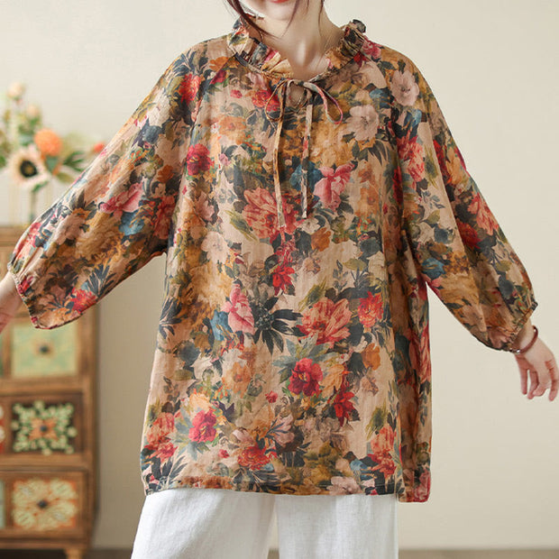 Buddha Stones Floral Leaves Lace-up Design Women's Cotton Linen Long Sleeve Shirt