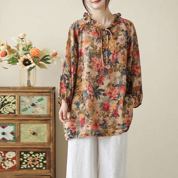Buddha Stones Floral Leaves Lace-up Design Women's Cotton Linen Long Sleeve Shirt