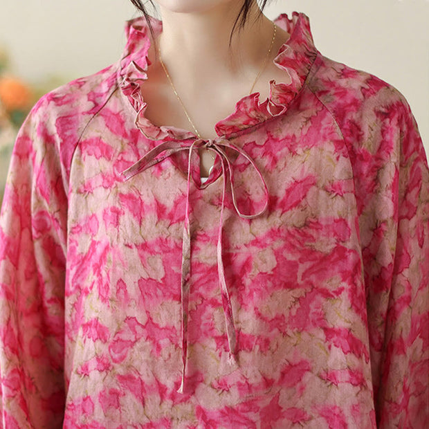 Buddha Stones Floral Leaves Lace-up Design Women's Cotton Linen Long Sleeve Shirt