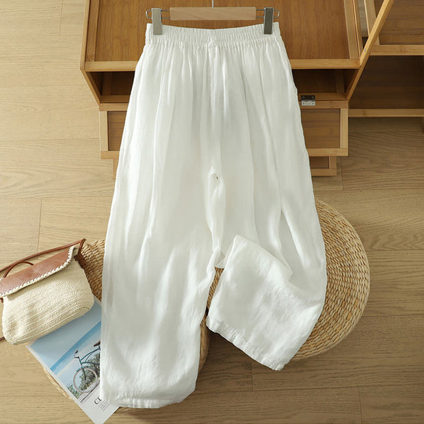 Buddha Stones Commute Pure Color Simple Design Women's Cotton Linen Ankle-Length Harem Pants With Pockets