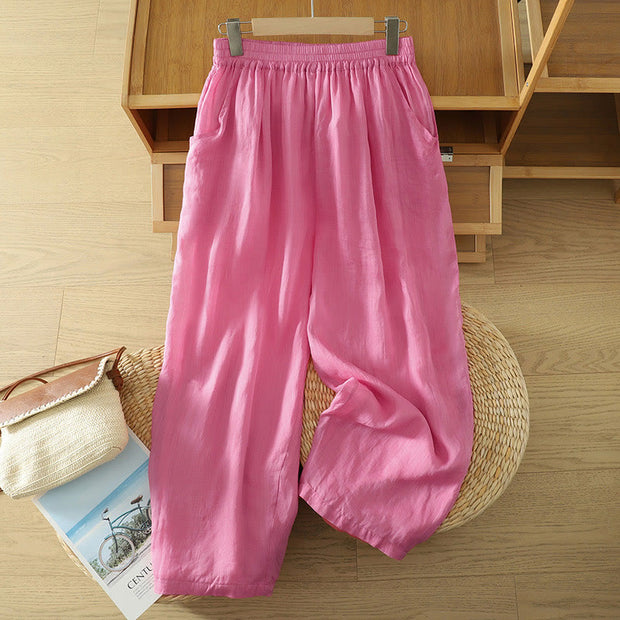 Buddha Stones Commute Pure Color Simple Design Women's Cotton Linen Ankle-Length Harem Pants With Pockets