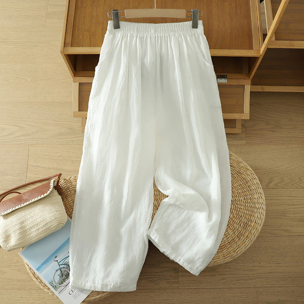 Buddha Stones Commute Pure Color Simple Design Women's Cotton Linen Ankle-Length Harem Pants With Pockets