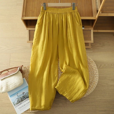 Buddha Stones Commute Pure Color Simple Design Women's Cotton Linen Ankle-Length Harem Pants With Pockets