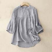 Buddha Stones Lace-up Buttons Design Women's Cotton Linen Three Quarter Sleeve Shirt