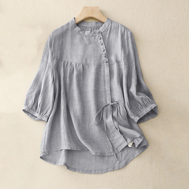 Buddha Stones Lace-up Buttons Design Women's Cotton Linen Three Quarter Sleeve Shirt