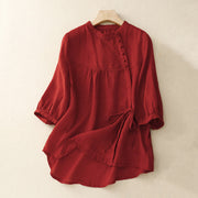 Buddha Stones Lace-up Buttons Design Women's Cotton Linen Three Quarter Sleeve Shirt
