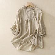 Buddha Stones Lace-up Buttons Design Women's Cotton Linen Three Quarter Sleeve Shirt