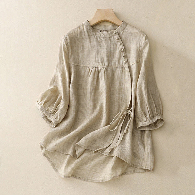 Buddha Stones Lace-up Buttons Design Women's Cotton Linen Three Quarter Sleeve Shirt