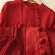 Buddha Stones Lace-up Buttons Design Women's Cotton Linen Three Quarter Sleeve Shirt