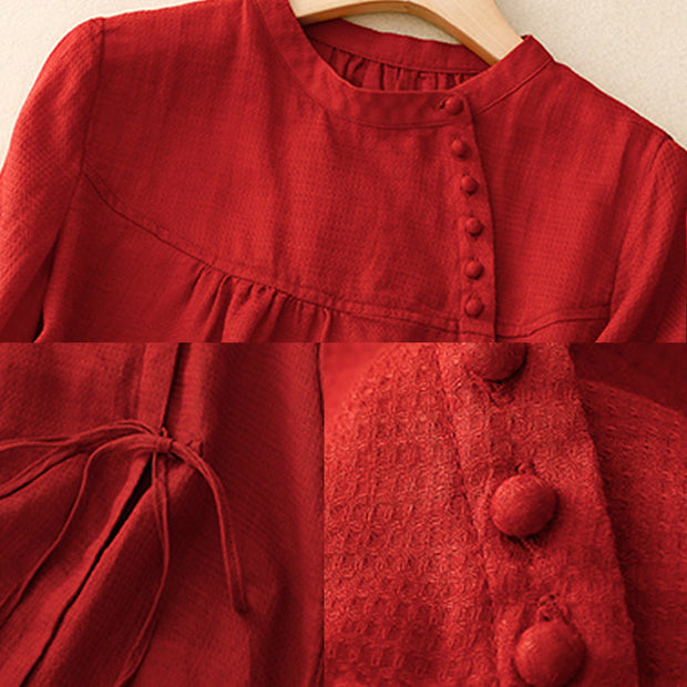Buddha Stones Lace-up Buttons Design Women's Cotton Linen Three Quarter Sleeve Shirt
