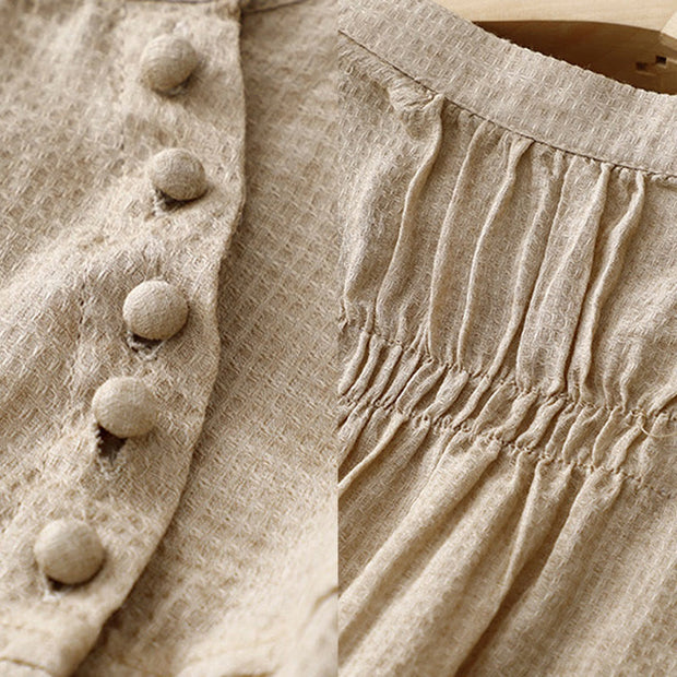 Buddha Stones Lace-up Buttons Design Women's Cotton Linen Three Quarter Sleeve Shirt