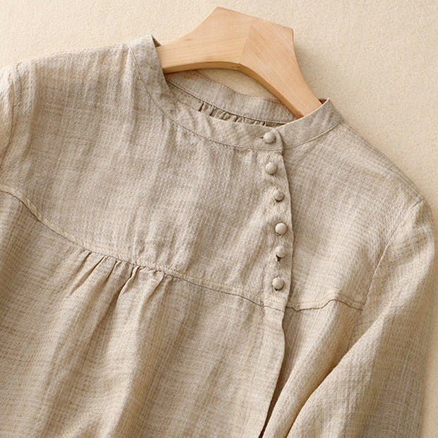 Buddha Stones Lace-up Buttons Design Women's Cotton Linen Three Quarter Sleeve Shirt