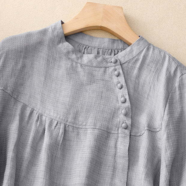 Buddha Stones Lace-up Buttons Design Women's Cotton Linen Three Quarter Sleeve Shirt