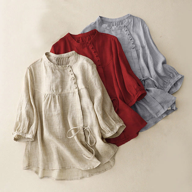 Buddha Stones Lace-up Buttons Design Women's Cotton Linen Three Quarter Sleeve Shirt