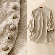 Buddha Stones Lace-up Buttons Design Women's Cotton Linen Three Quarter Sleeve Shirt