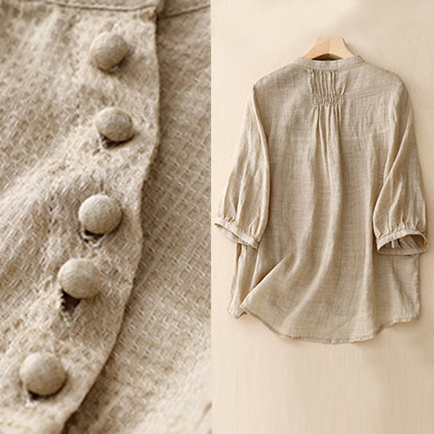 Buddha Stones Lace-up Buttons Design Women's Cotton Linen Three Quarter Sleeve Shirt