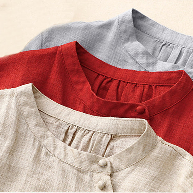 Buddha Stones Lace-up Buttons Design Women's Cotton Linen Three Quarter Sleeve Shirt