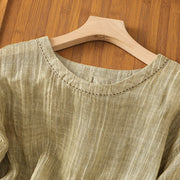Buddha Stones Casual Summer Plain Crew Neck Women's  Cotton Linen Three Quarter Sleeve T-Shirt