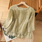 Buddha Stones Casual Summer Plain Crew Neck Women's  Cotton Linen Three Quarter Sleeve T-Shirt