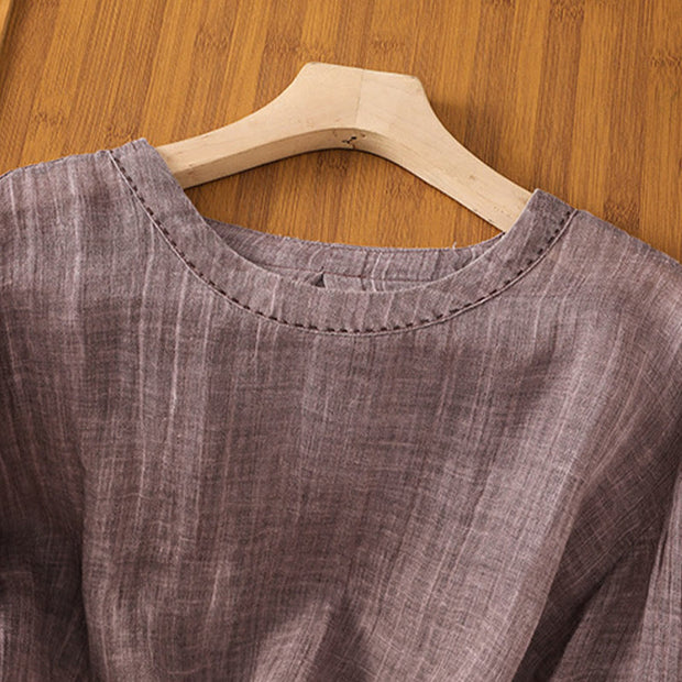 Buddha Stones Casual Summer Plain Crew Neck Women's  Cotton Linen Three Quarter Sleeve T-Shirt
