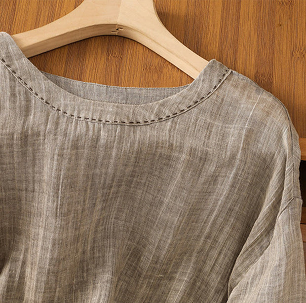 Buddha Stones Casual Summer Plain Crew Neck Women's  Cotton Linen Three Quarter Sleeve T-Shirt