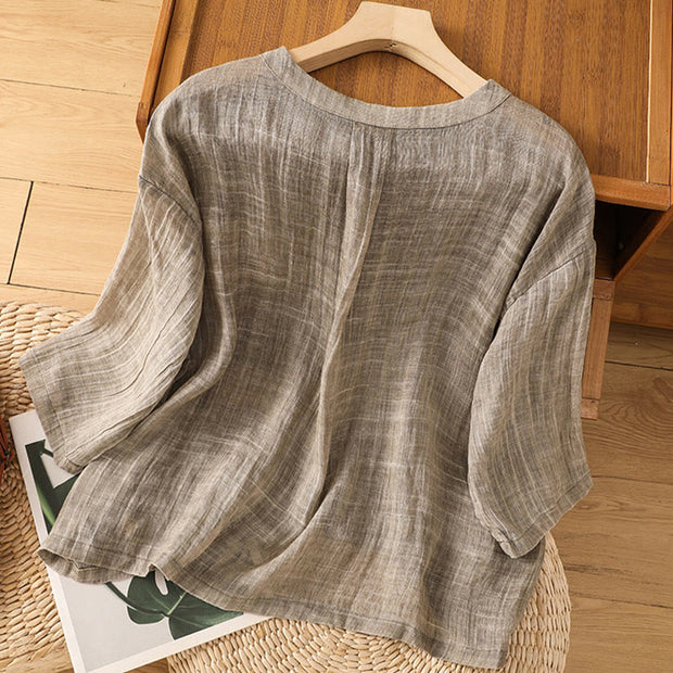 Buddha Stones Casual Summer Plain Crew Neck Women's  Cotton Linen Three Quarter Sleeve T-Shirt