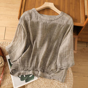 Buddha Stones Casual Summer Plain Crew Neck Women's  Cotton Linen Three Quarter Sleeve T-Shirt