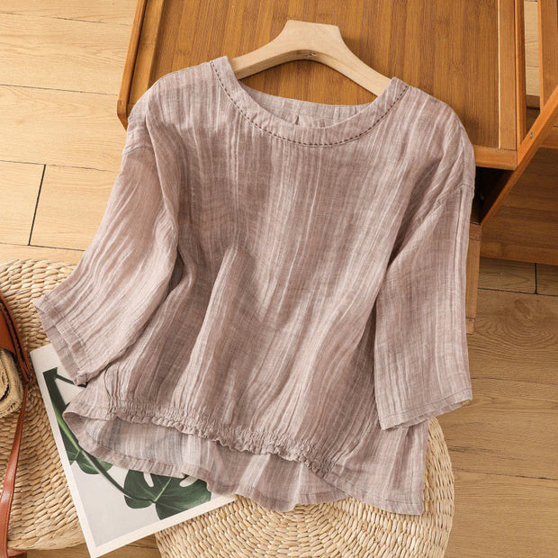 Buddha Stones Casual Summer Plain Crew Neck Women's  Cotton Linen Three Quarter Sleeve T-Shirt
