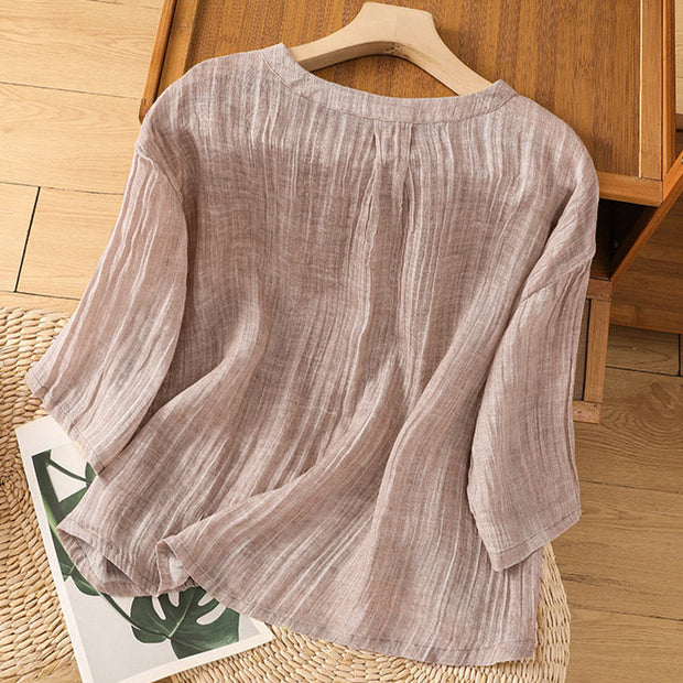 Buddha Stones Casual Summer Plain Crew Neck Women's  Cotton Linen Three Quarter Sleeve T-Shirt