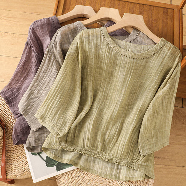 Buddha Stones Casual Summer Plain Crew Neck Women's  Cotton Linen Three Quarter Sleeve T-Shirt