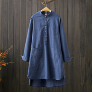 Buddha Stones Half Front Buttons Design Women's Cotton Linen Long Sleeve Shirt