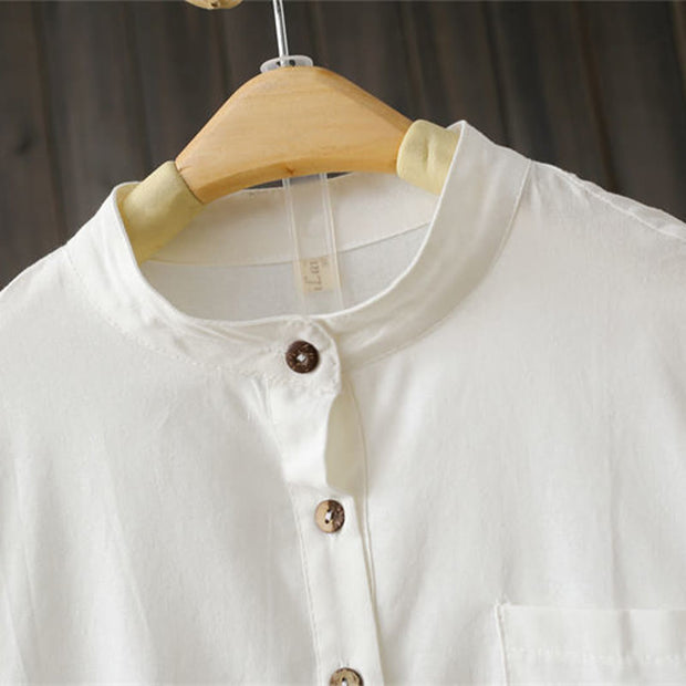 Buddha Stones Half Front Buttons Design Women's Cotton Linen Long Sleeve Shirt