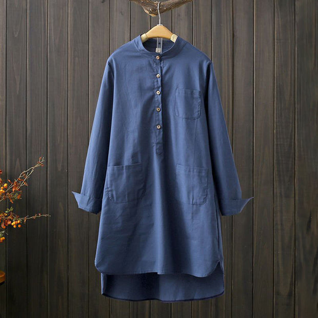 Buddha Stones Half Front Buttons Design Women's Cotton Linen Long Sleeve Shirt