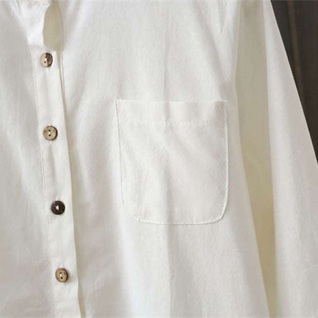 Buddha Stones Half Front Buttons Design Women's Cotton Linen Long Sleeve Shirt