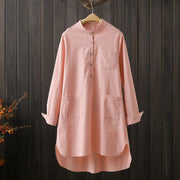 Buddha Stones Half Front Buttons Design Women's Cotton Linen Long Sleeve Shirt