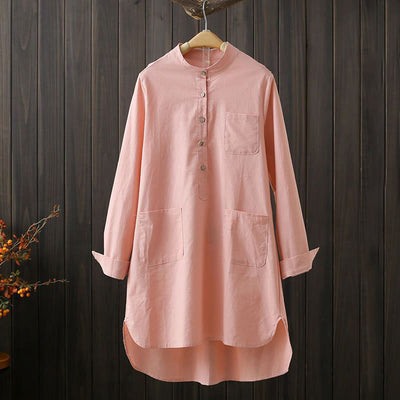 Buddha Stones Half Front Buttons Design Women's Cotton Linen Long Sleeve Shirt