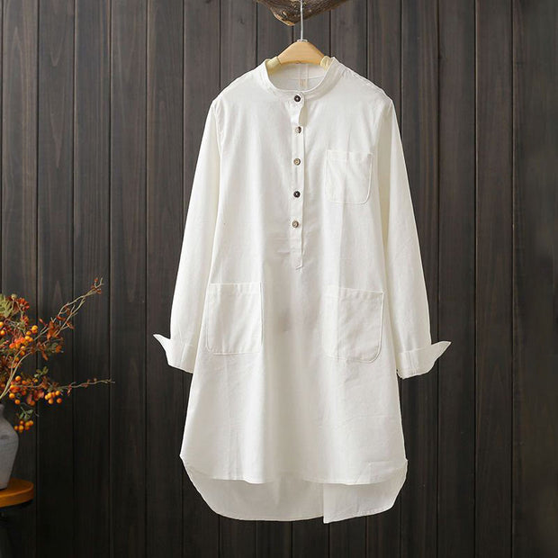 Buddha Stones Half Front Buttons Design Women's Cotton Linen Long Sleeve Shirt