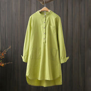 Buddha Stones Half Front Buttons Design Women's Cotton Linen Long Sleeve Shirt