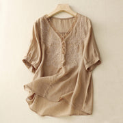Buddha Stones V-Neck Butterfly Women's Cotton Linen Half Sleeve Shirt
