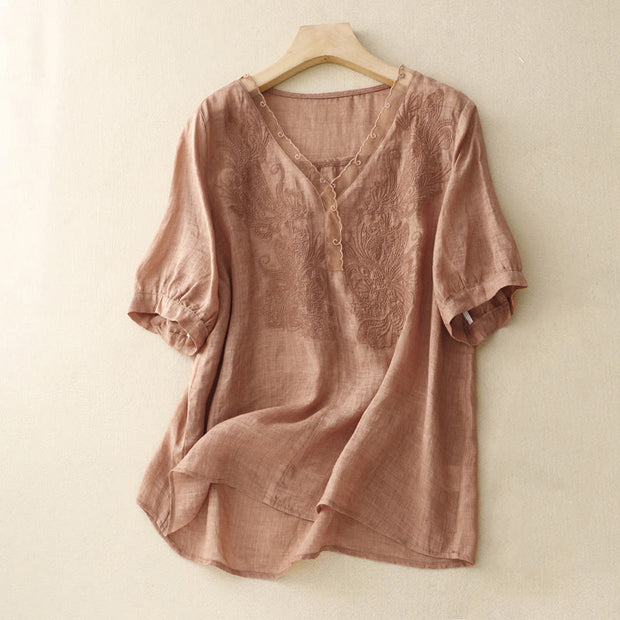 Buddha Stones V-Neck Butterfly Women's Cotton Linen Half Sleeve Shirt