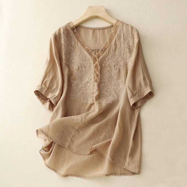 Buddha Stones V-Neck Butterfly Women's Cotton Linen Half Sleeve Shirt