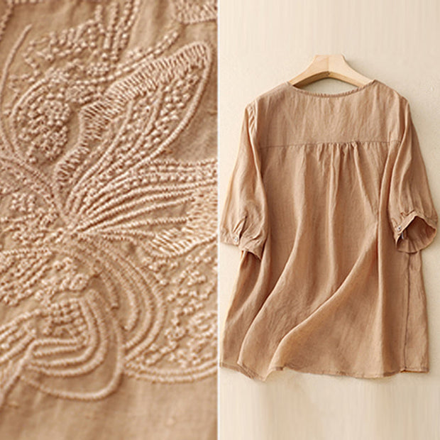 Buddha Stones V-Neck Butterfly Women's Cotton Linen Half Sleeve Shirt